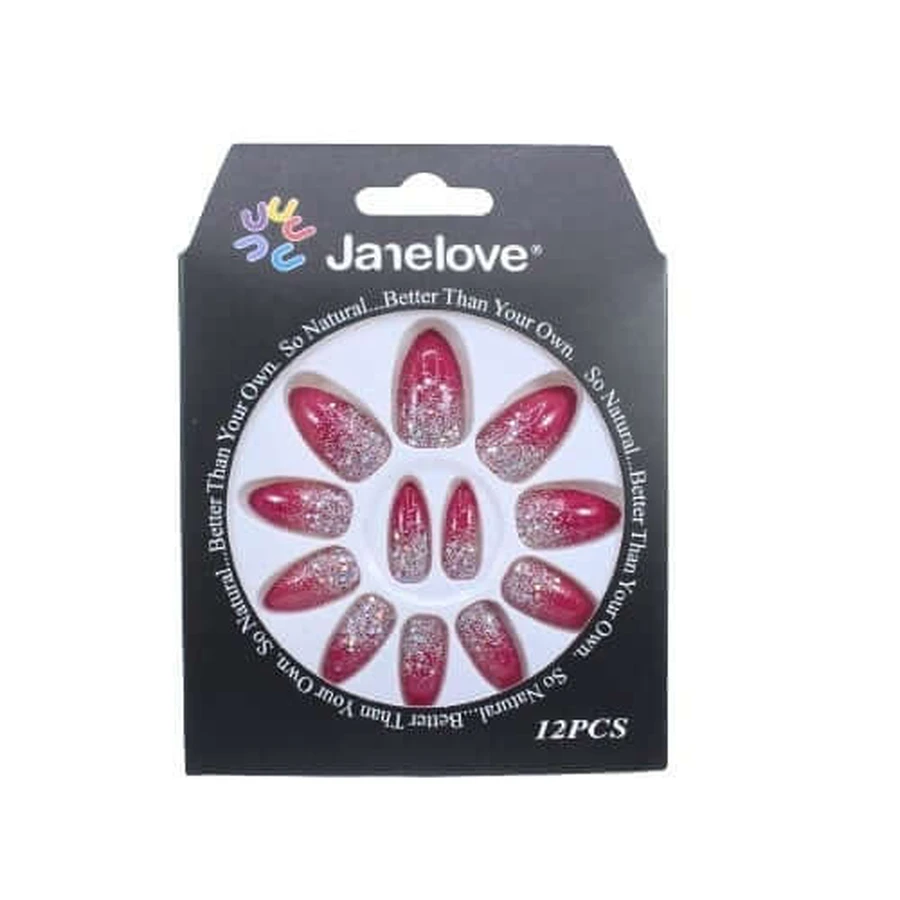 Set van 12 valse nagels met glitters, Janelove, Visiniu