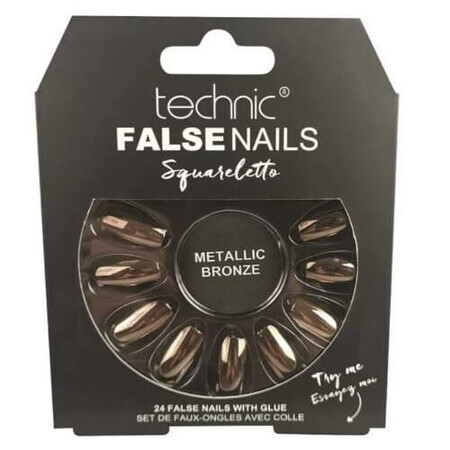 Set of 24 false nails, with glue included, Technic, False Nails, Squareletto, Metallic Bronze