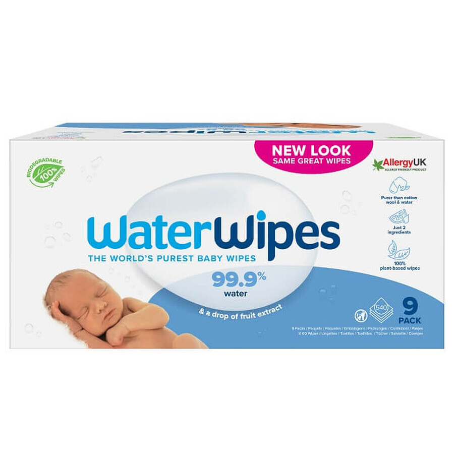 Salviettine umidificate biodegradabili per neonati, 9 x 60 pezzi, WaterWipes