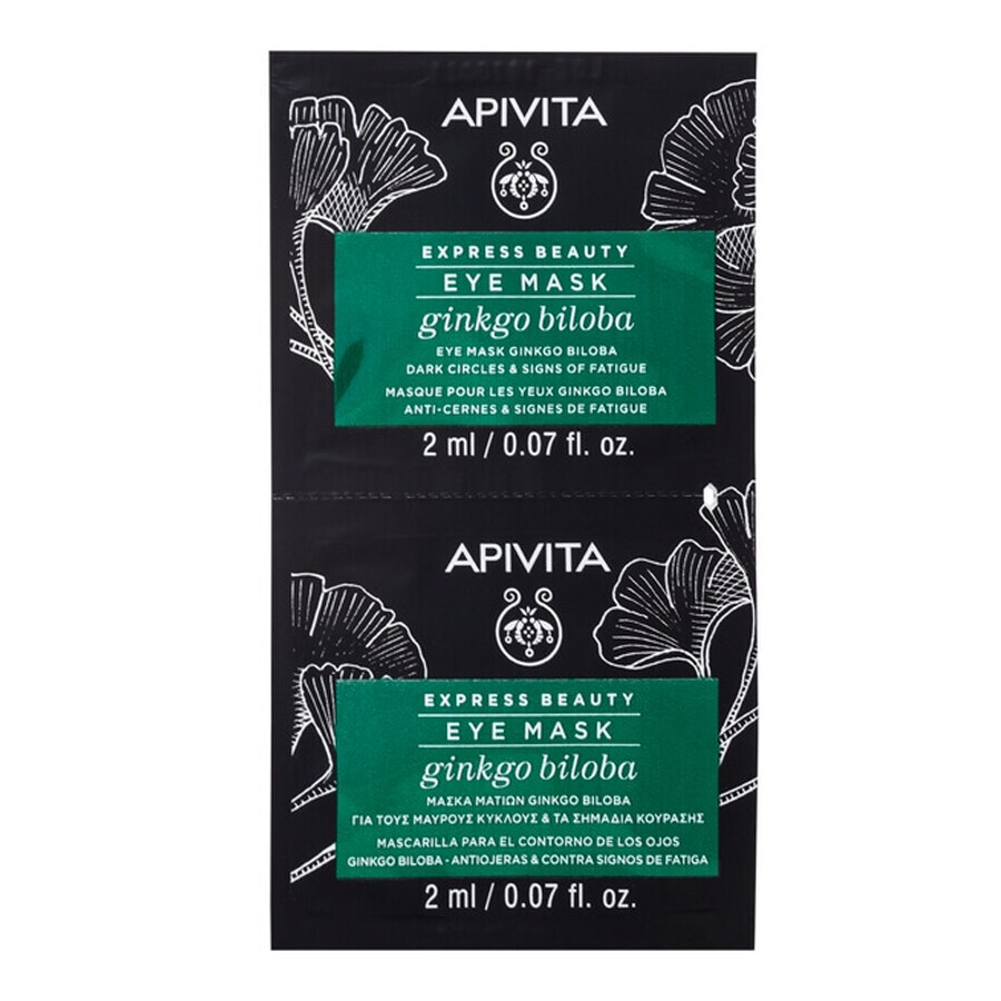 Apivita Express Beauty, Mascarilla de Ojos Ginko Biloba para reducir las ojeras y los signos de fatiga, 2 x 2 ml