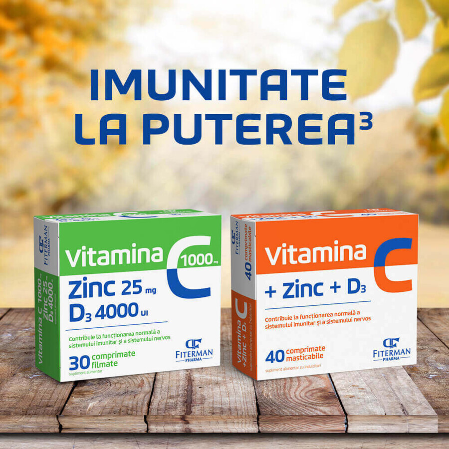 Vitamine C 1000 mg + Zn 25 mg + D3 4000 IE, 30 filmomhulde tabletten, Fiterman