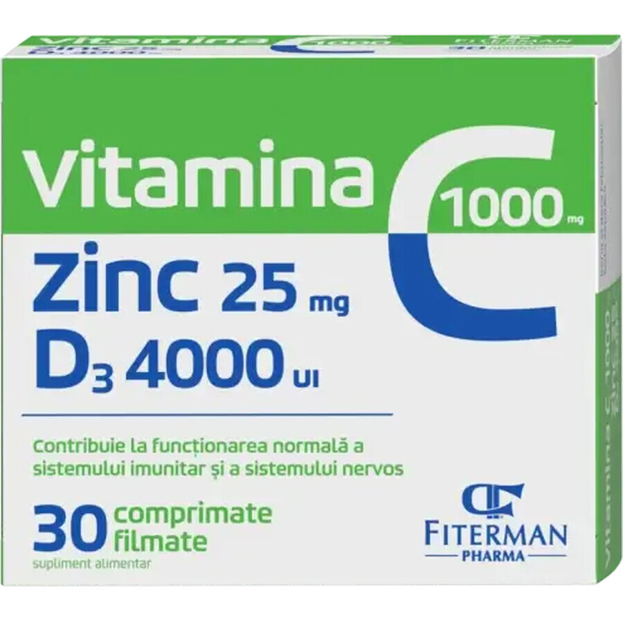 Vitamine C 1000 mg + Zn 25 mg + D3 4000 IE, 30 filmomhulde tabletten, Fiterman