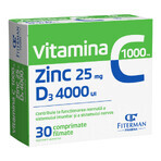 Vitamine C 1000 mg + Zn 25 mg + D3 4000 IE, 30 filmomhulde tabletten, Fiterman