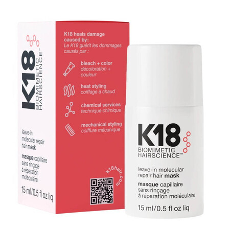 K18 No Rinse Molecular Repair Hair Mask Intensive and repairing hair mask, 15ml