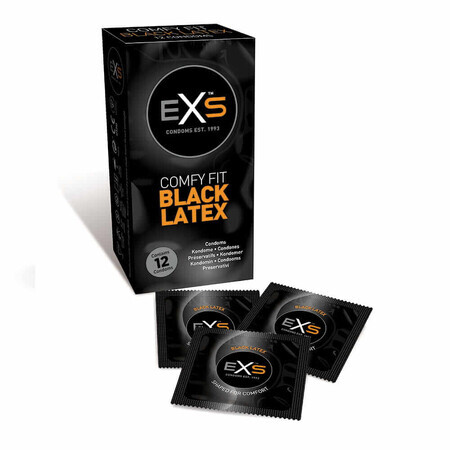 EXS Comfy Fit Black Latex Condoms 12 pieces.