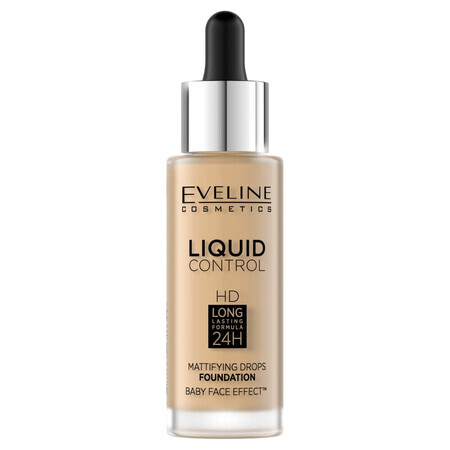 Eveline Cosmetics Liquid Control HD Long Lasting Formula 24H Face Primer avec compte-gouttes 016 Vanilla Beige, 32ml