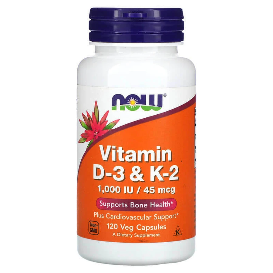 Vitamine D-3 1000UI Si K2 MK4 45 mcg, 120 plantaardige capsules, Now Foods