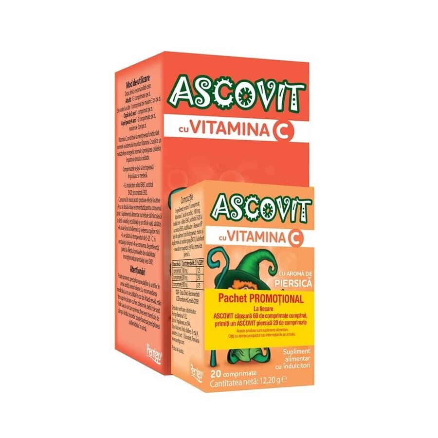 Pakket Ascovit Vitamine C met aardbeienaroma 60 tabletten + Ascovit Vitamine C met perziksmaak 100 mg x 20 tabletten, Perrigo