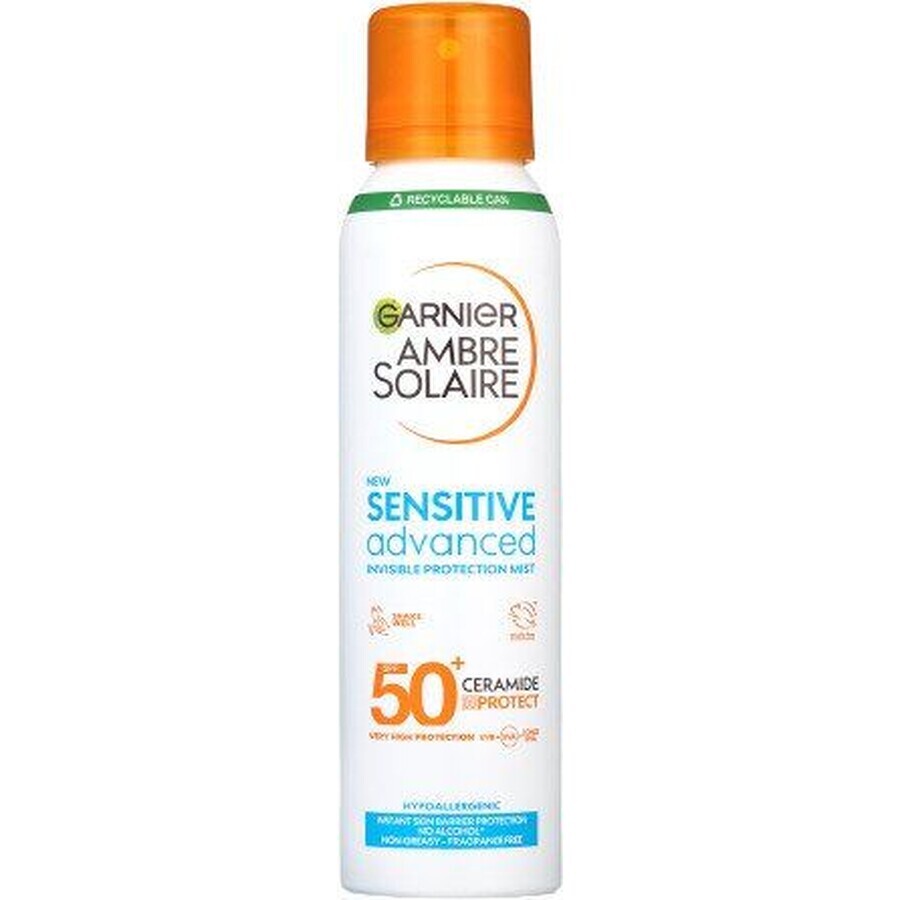 Garnier Ambre Solaire Solaire Sensitive Advanced Protective Mist, protezione molto alta, pelle leggermente sensibile, SPF 50+, 150 ml