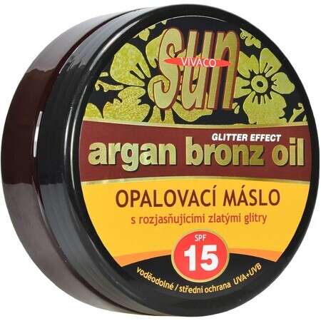 Vivaco Argan Oil Sunscreen Butter cu sclipici aurii SPF15, 200 ml