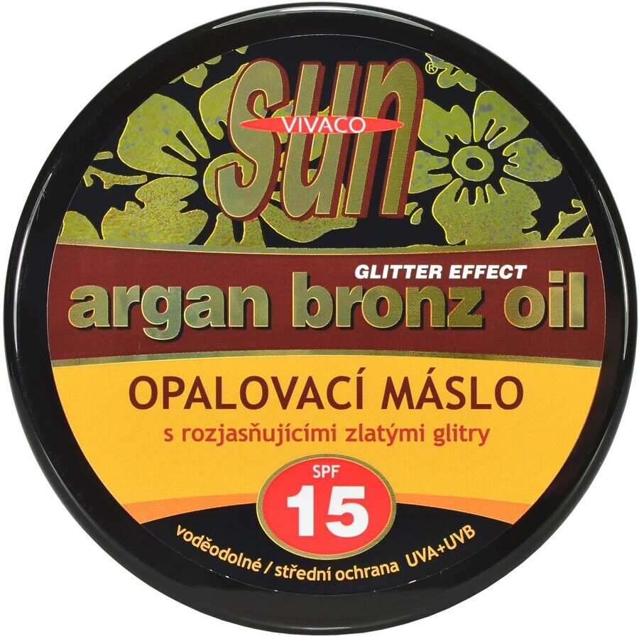 Vivaco Argan Oil Sunscreen Butter cu sclipici aurii SPF15, 200 ml