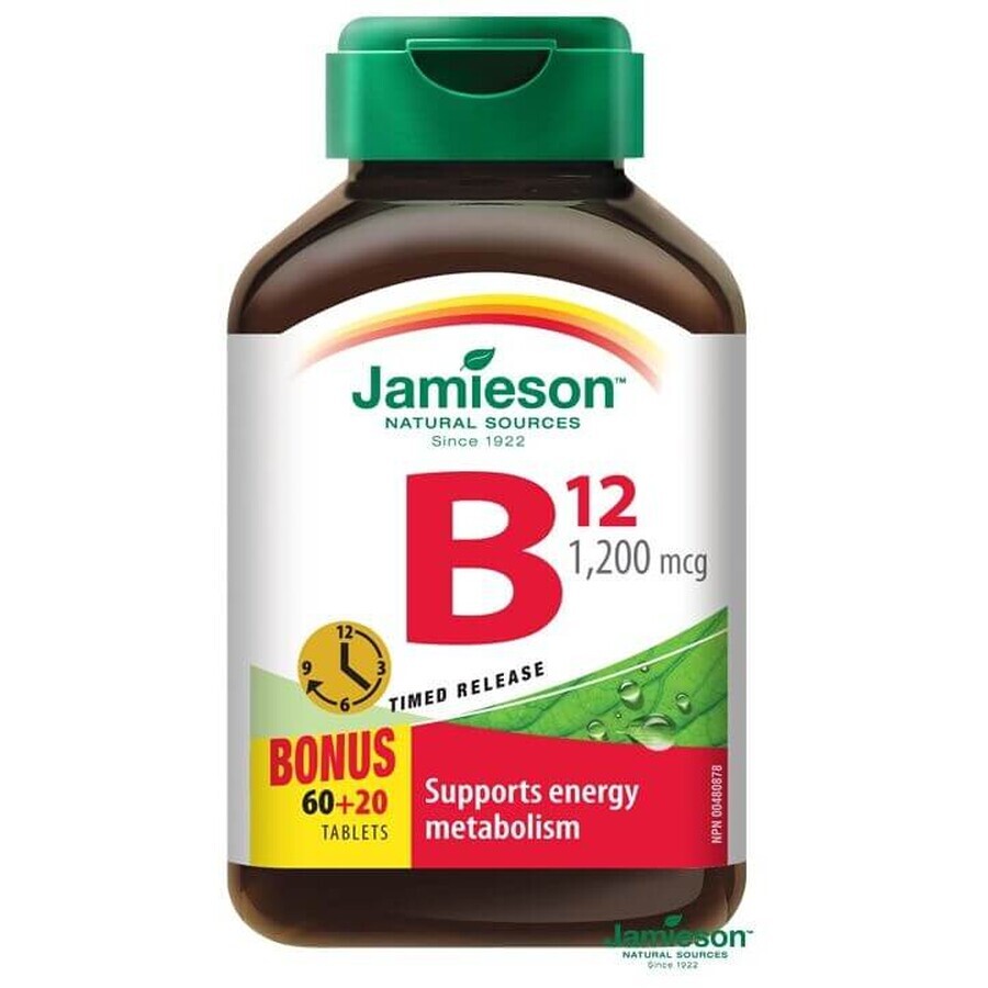 Jamieson Vitamina B12 metilcobalamina 1200 μg de liberación lenta 80 tbl. 80 comprimidos