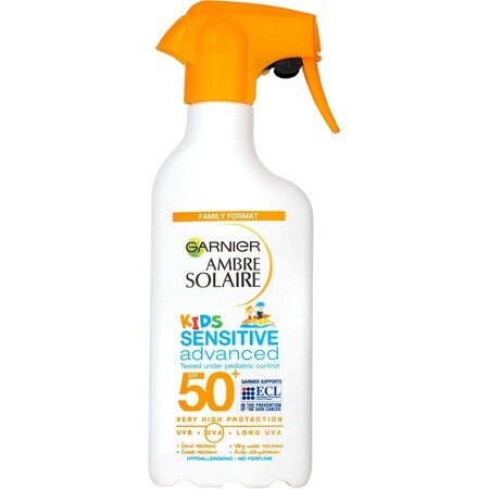 Garnier Ambre Solaire Solaire Sensitive Advanced Kids Spray protettivo per la pelle sensibile dei bambini, SPF 50+, 270 ml