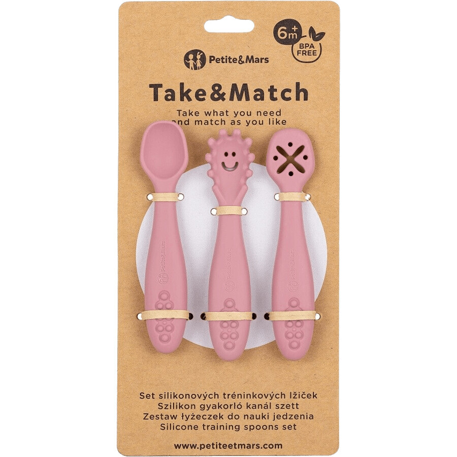 Petite&Mars Set de linguri de antrenament din silicon Take&Match Dusty Rose 6m+ 3 buc