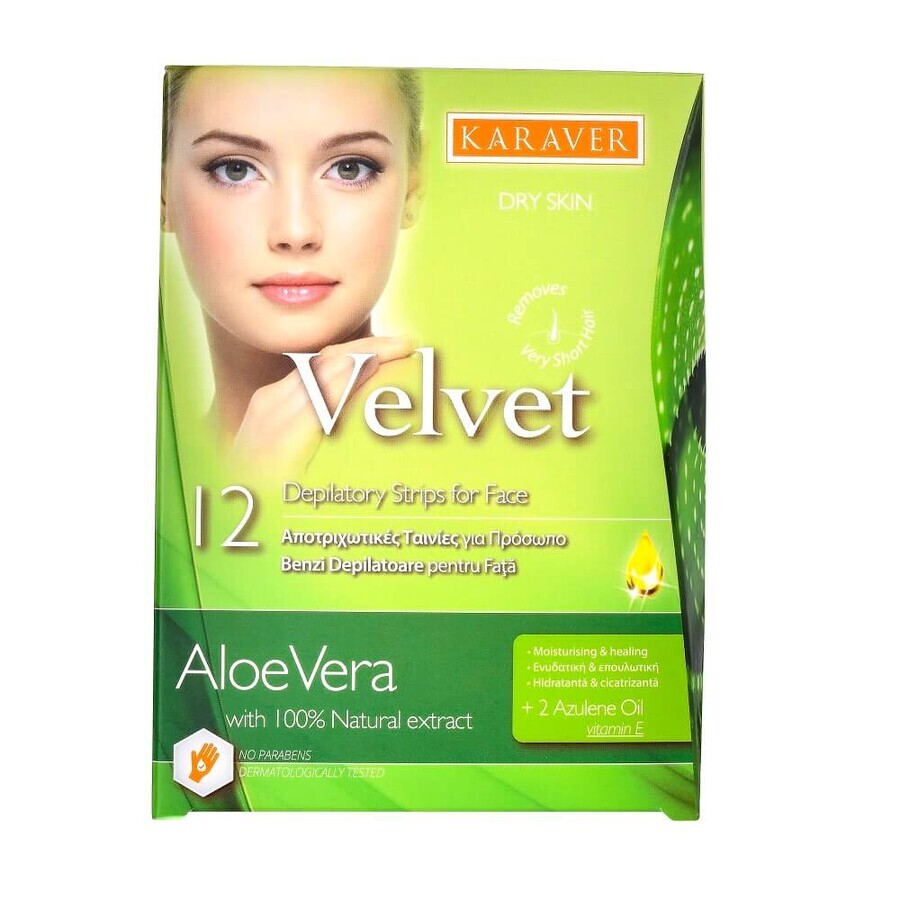 Bandes dépilatoires pour le visage à l'extrait d'aloe vera pour peau sèche, 12 pièces, Karaver