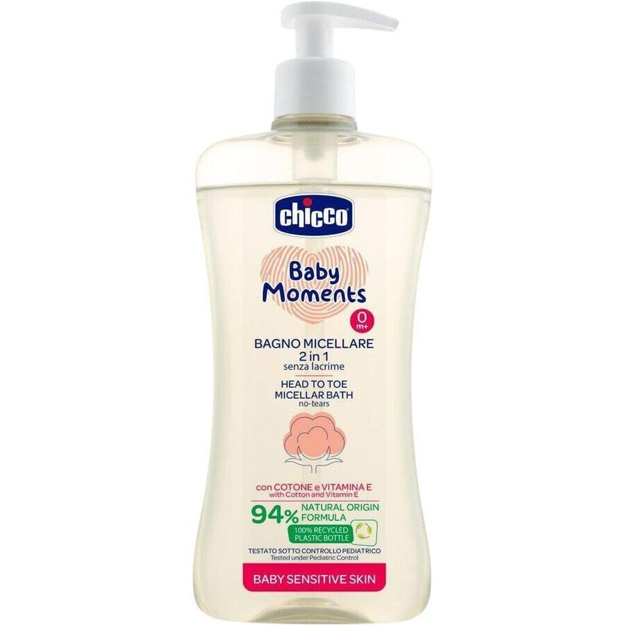 Chicco Baby Moments Sensitive champú micelar para cabello y cuerpo con dosificador 94% ingredientes naturales 500 ml