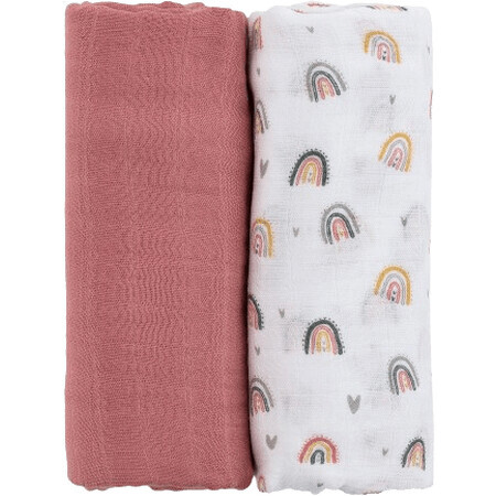 Petite&Mars Manta de muselina de bambú Misty Rose Rainbow 2en1, 120 x 120 cm 2 piezas