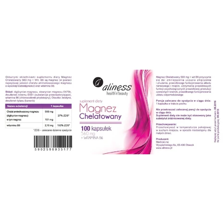 Magneziu chelat 560 mg + Vitamina B6, Aliness, 100 Kapseln