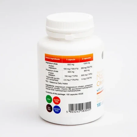Aliness Magnesiumcitraat 100 mg + Kalium 150 mg + B6, 100 veg. capsules