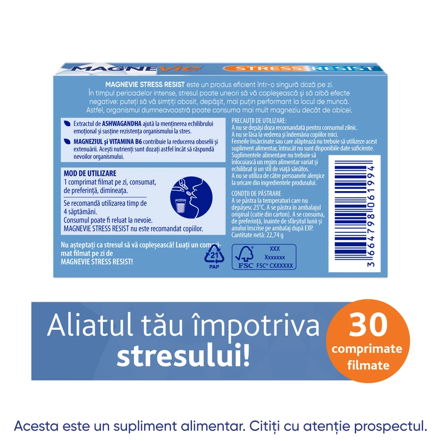 MagneVie Stress Resist with Ashwaghanda 80mg + 60 mg magnesium + 1.4mg vitamin B6, nervous system and stress resistance, 30 tablets
