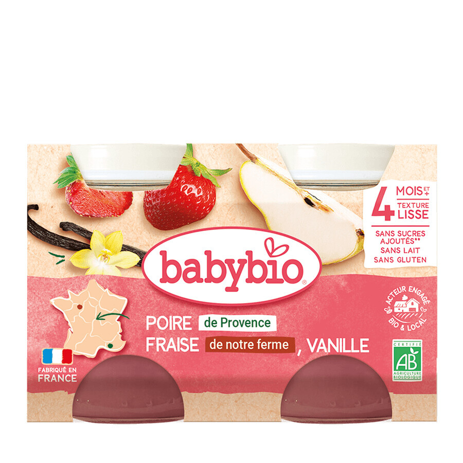 Purée de poire, fraise et vanille bio, +4 mois, 2x130 g, Babybio