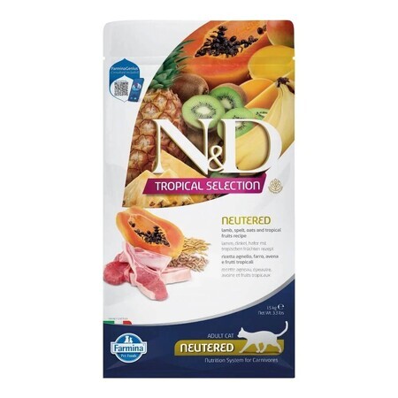 Droog kattenvoer met lam voor katten N&D Tropical Selection Adult Gesteriliseerd, 1500 g, Farmina