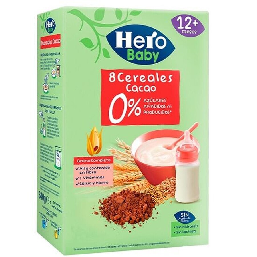 8 Cereali con Cacao, +12 mesi, 340 gr, Hero Baby