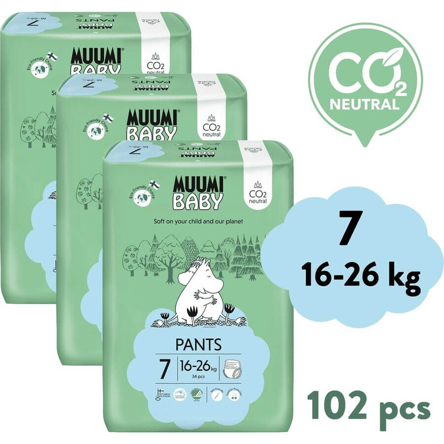 Muumi Baby Pants 7 XL 16-26 kg, 1×102pcs monthly pack of organic diapers, organic diapers