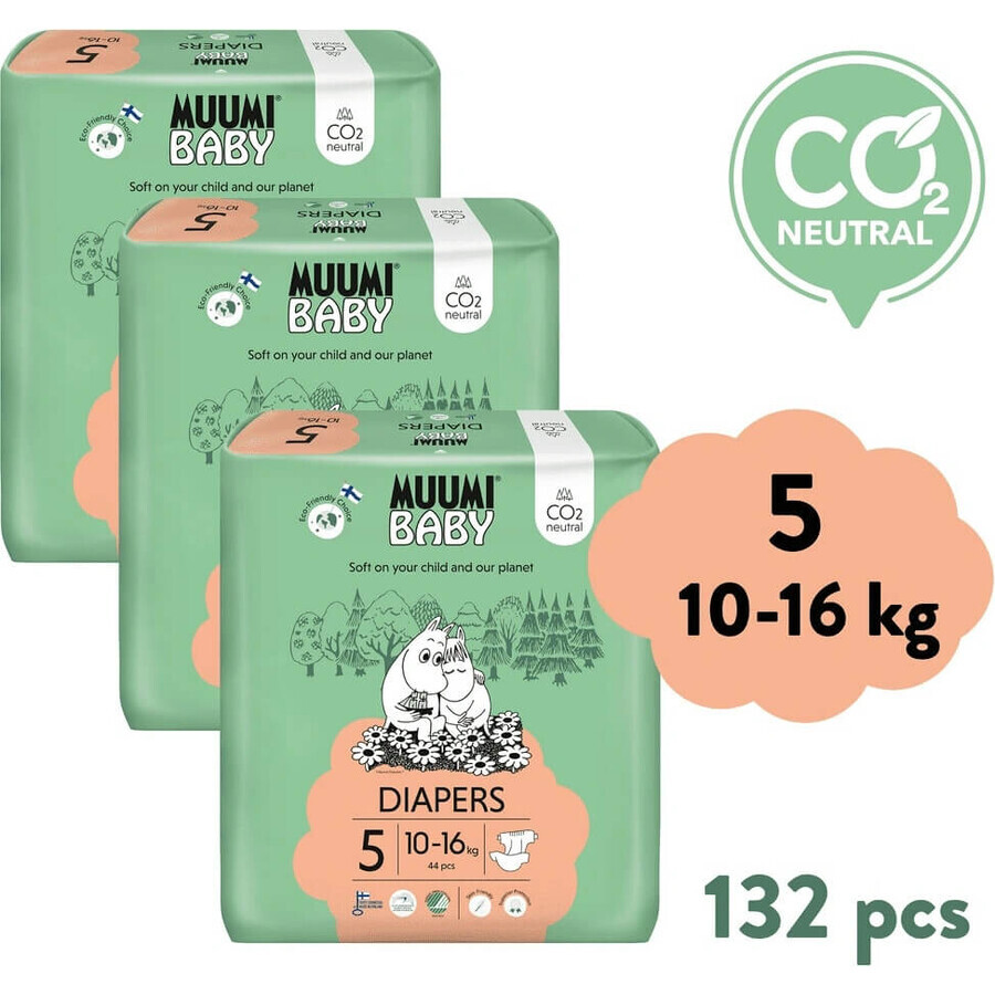 Muumi Baby 5 Maxi+ 10-16 kg, 1×132st maandverpakking biologische luiers, ECO Luiers