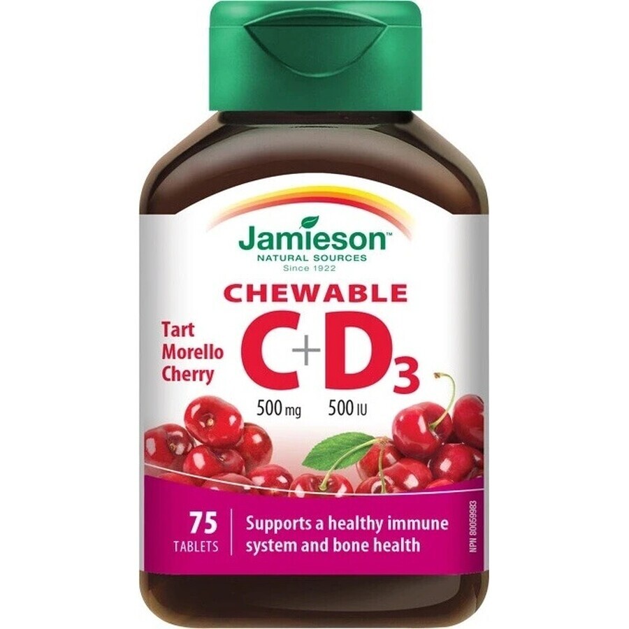 JAMIESON VITAMINS C and D3 cherries 500 mg/ 500 IU 1×75 tbl, VITAMINS C and D3, cherries