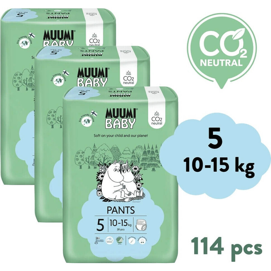 Muumi Baby Pants 5 Maxi+ 10-15 kg, confezione mensile di eco-pannolini 1×114pz, eco-pannolini