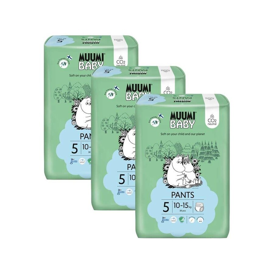 Muumi Baby Pants 5 Maxi+ 10-15 kg, confezione mensile di eco-pannolini 1×114pz, eco-pannolini