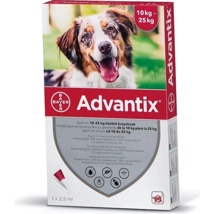 Advantix Spot-on voor honden van 10 tot 25 kg 1×2,5 ml, pipet