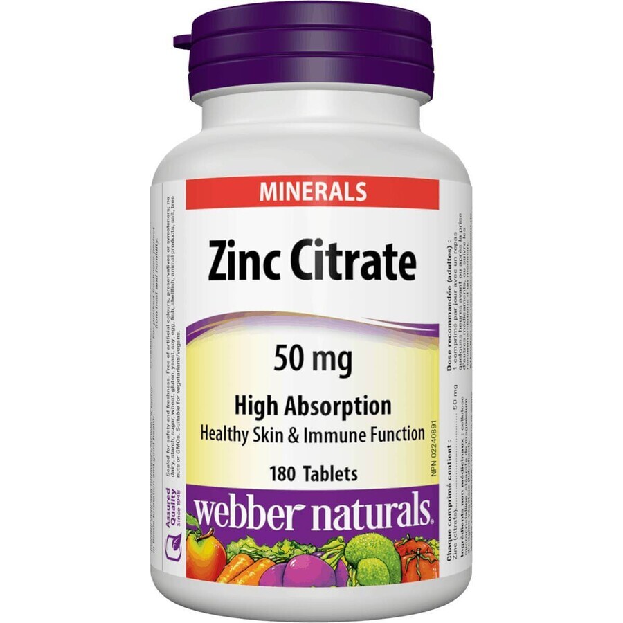 WEBBER NATURALS Zink 50 mg Citraat 1×180 tbl, voedingssupplement