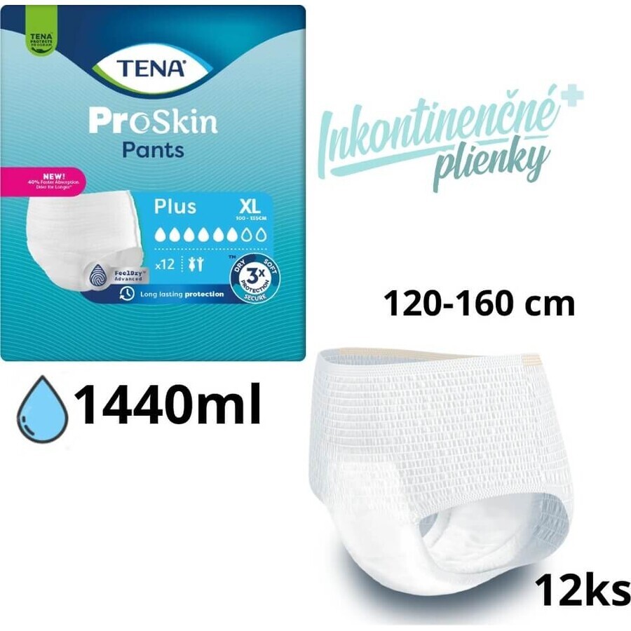 TENA PANTS PLUS EXTRA LARGE 1×12 pieces, stretch absorbent briefs, absorption 1440 ml, hip circumference 120-160 cm