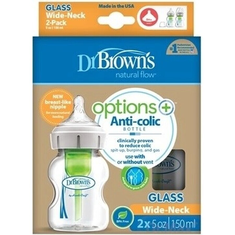 Biberon Dr. BROWN'S OPTIONS+ 150 ml duopack 1×2 pcs, biberon anti-colique 0m+.