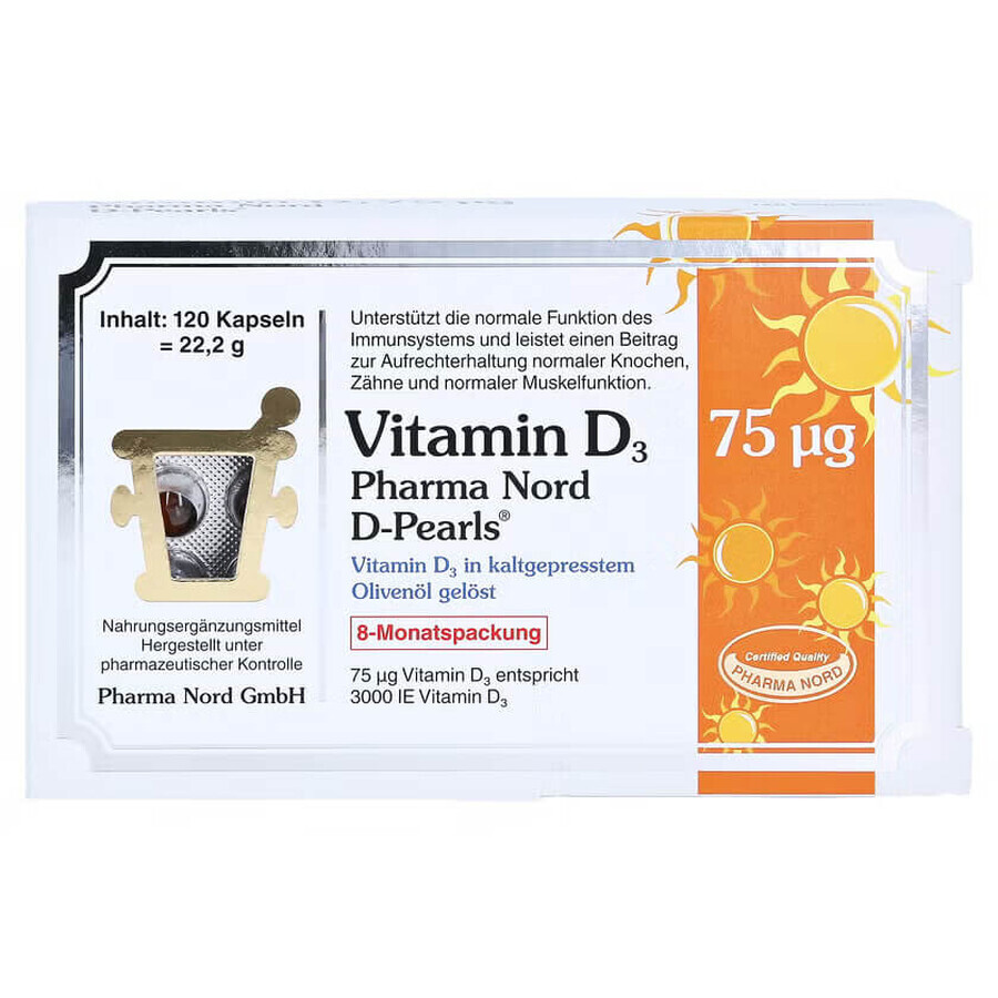 Bio Vitamina D3 3000IU D-Perlas 75 mcg, 80 cápsulas blandas, Pharma Nord