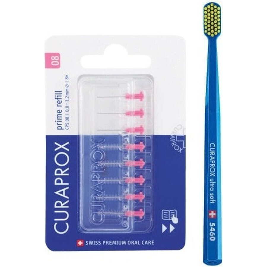 CURAPROX CPS 08 prime refill roz + CS 5460 1×1 set, periuțe interdentare fără suport 8 buc + periuță de dinți 1 buc