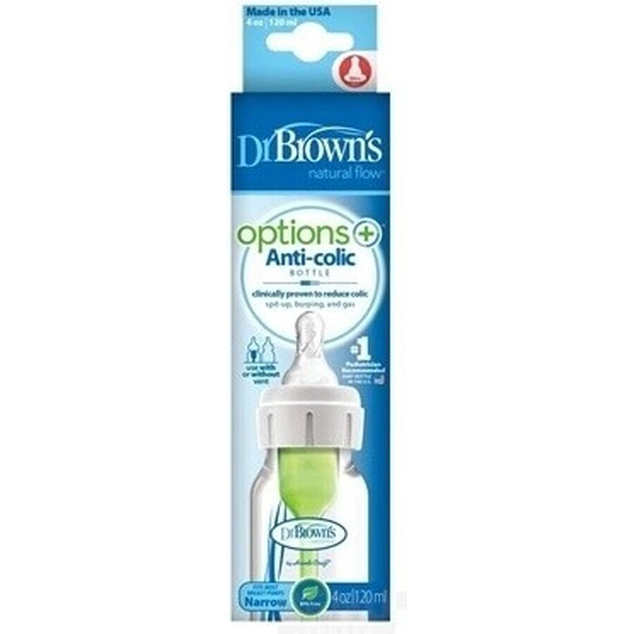 Biberon Dr. BROWN'S OPTIONS+ 120 ml 1×1 pc, étroit, 0M+, anti-colique, plastique, blanc