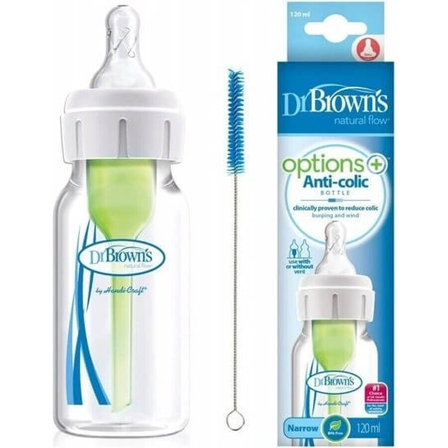 Biberon Dr. BROWN'S OPTIONS+ 120 ml 1×1 pc, étroit, 0M+, anti-colique, plastique, blanc