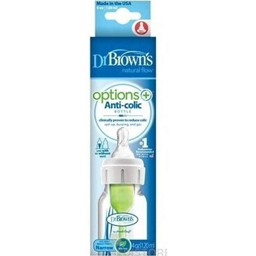 Biberon Dr. BROWN'S OPTIONS+ 120 ml 1×1 pc, étroit, 0M+, anti-colique, plastique, blanc