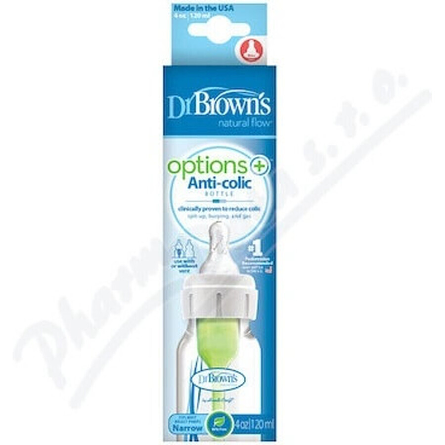 Biberon Dr. BROWN'S OPTIONS+ 120 ml 1×1 pc, étroit, 0M+, anti-colique, plastique, blanc