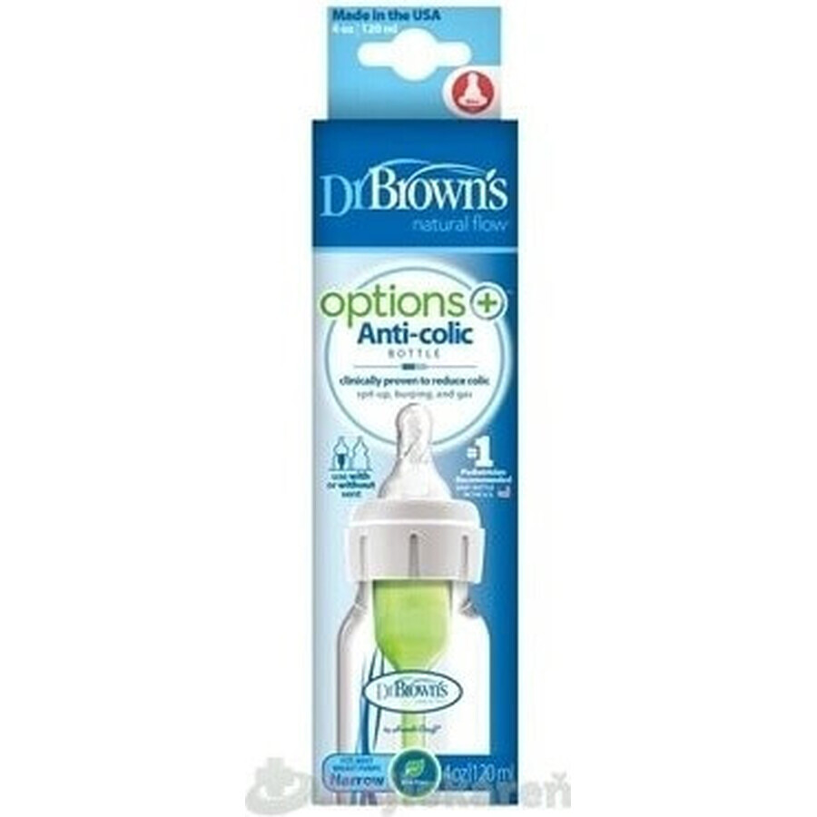 Biberon Dr. BROWN'S OPTIONS+ 120 ml 1×1 pc, étroit, 0M+, anti-colique, plastique, blanc