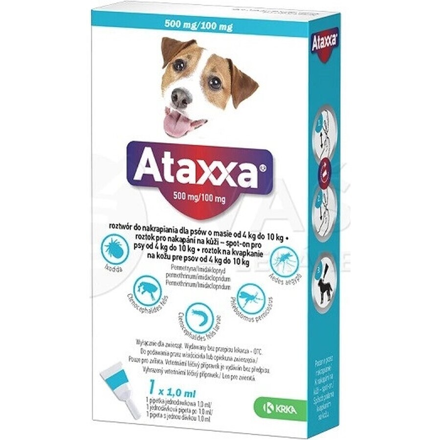 Ataxxa 500 mg/100 mg (honden van 4 kg tot 10 kg) 1×1 ml, oplossing voor honden