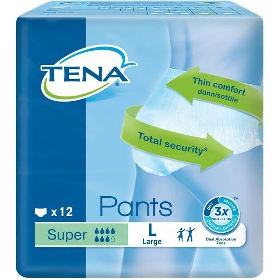 TENA PANTS SUPER LARGE 1×12 pcs, elastic absorbent briefs, absorption 2010 ml, hip circumference 100-135 cm