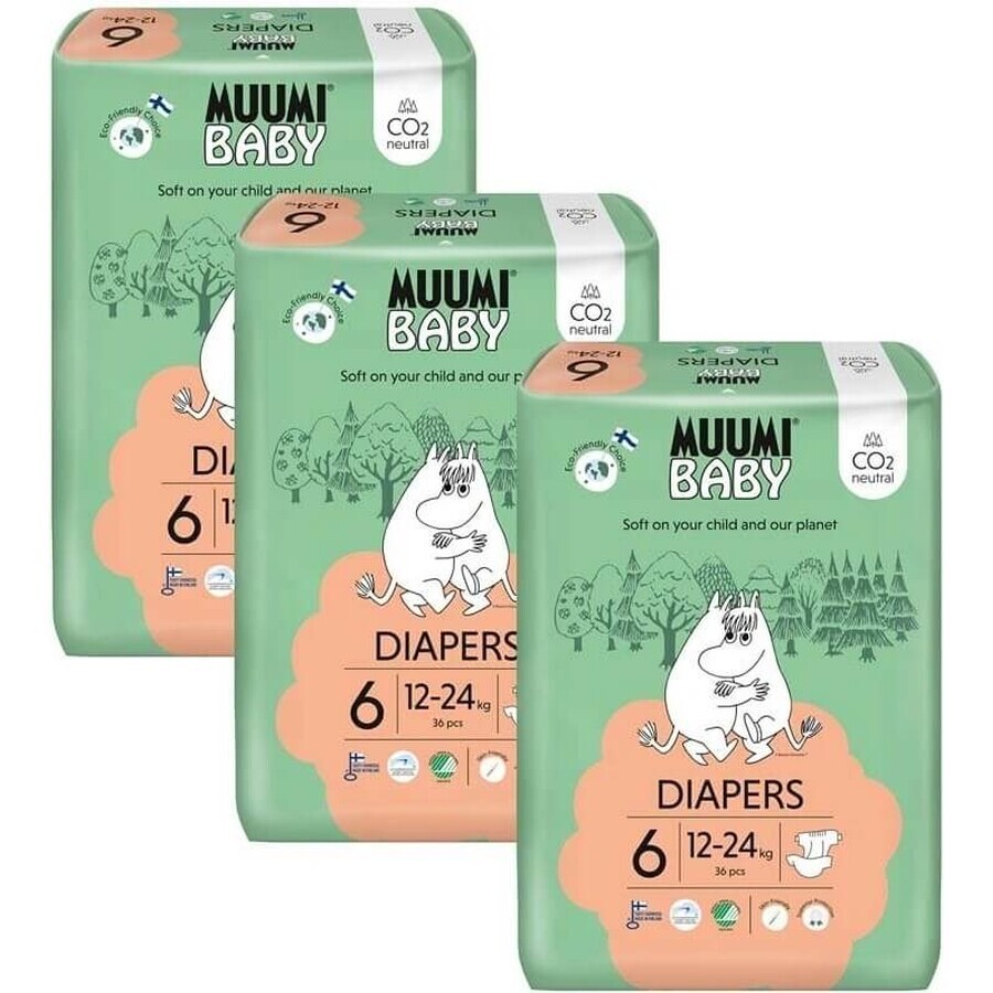 Muumi Baby 6 Junior 12-24 kg, confezione mensile da 1×108 pezzi di pannolini biologici, pannolini ECO