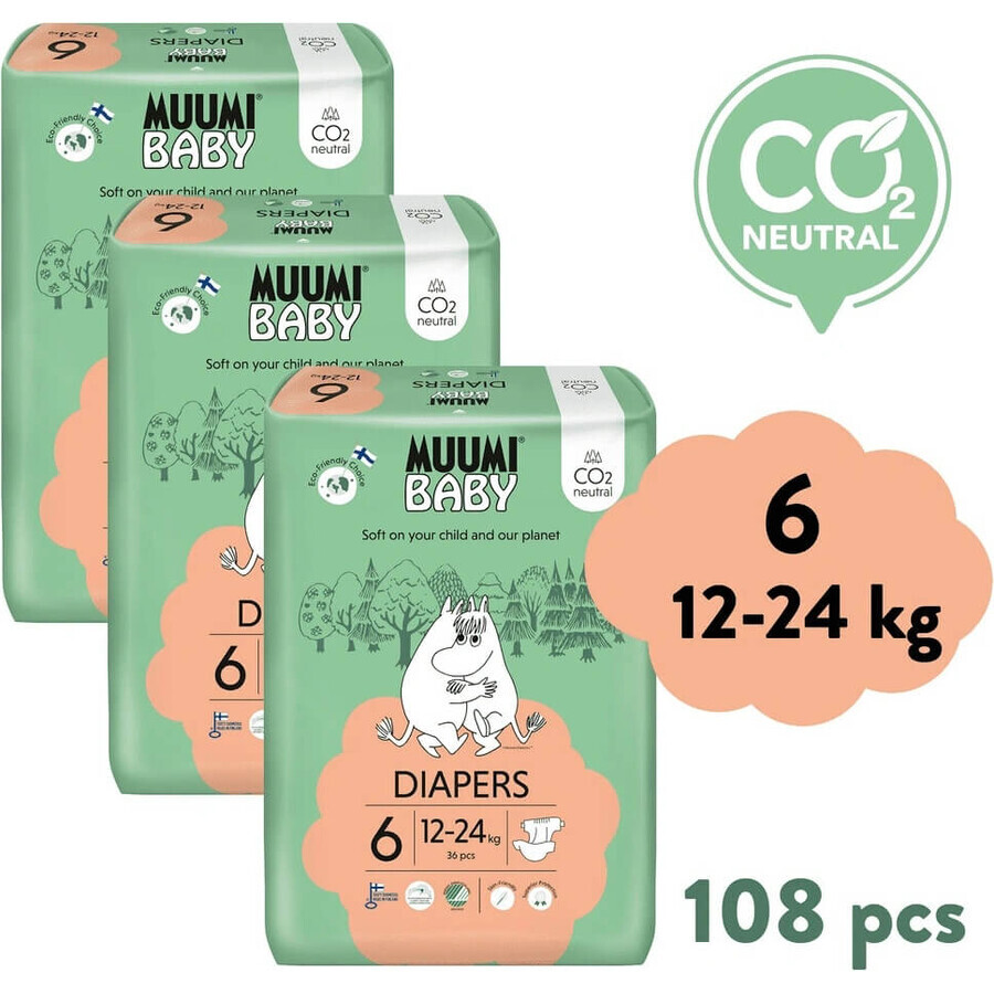 Muumi Baby 6 Junior 12-24 kg, confezione mensile da 1×108 pezzi di pannolini biologici, pannolini ECO