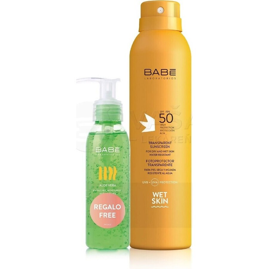 BABÉ SUN Sonnenschutzspray SPF 50 + Aloe vera Gel, 1x1 Set 1x200 + 90 ml, Sonnenschutzspray + Geschenk: kühlendes Gel