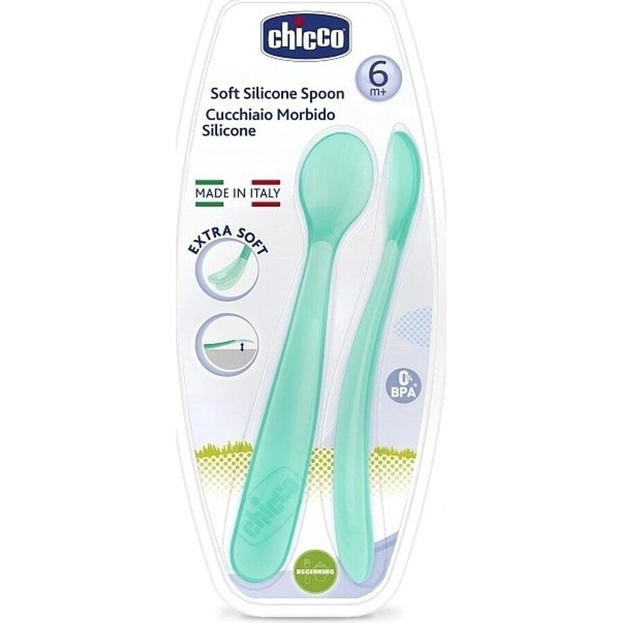 CHICCO Cuchara de silicona 2 piezas azul 6m+ 1×1 piezas, suave para las encías del bebé