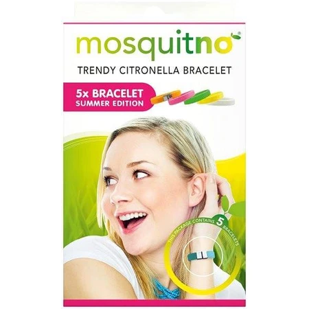 MosquitNo Braccialetto estivo con chiusura a rilascio di odore di citronella, misura regolabile 1×5 pezzi, braccialetti antizanzare